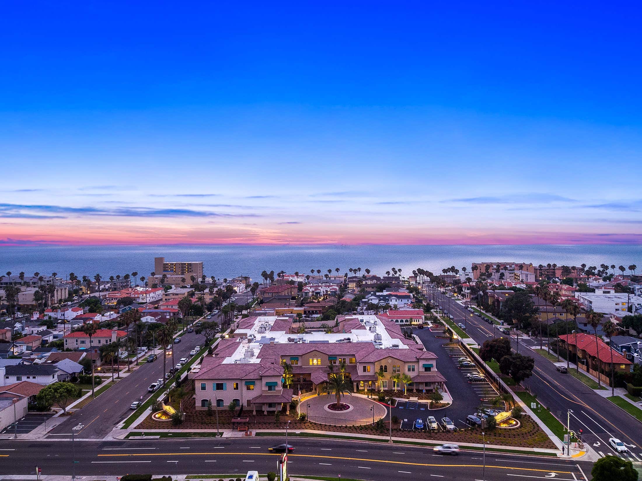 aerial shot of community and ocean view