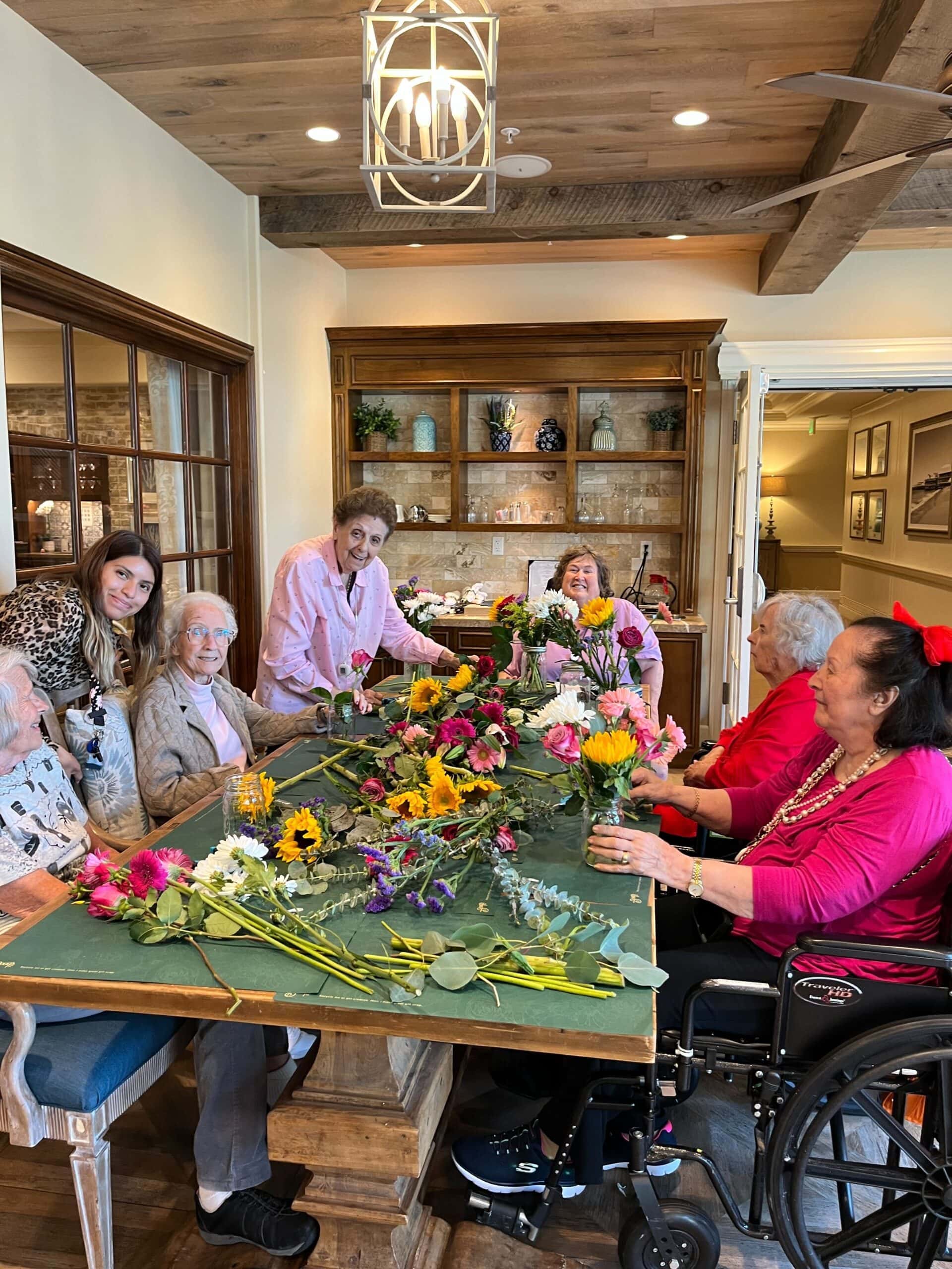 residents doing flower arranging